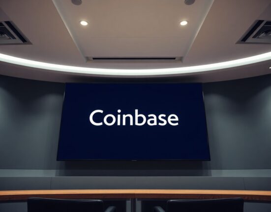 Coinbase logo displayed on a digital screen in a modern trading office
