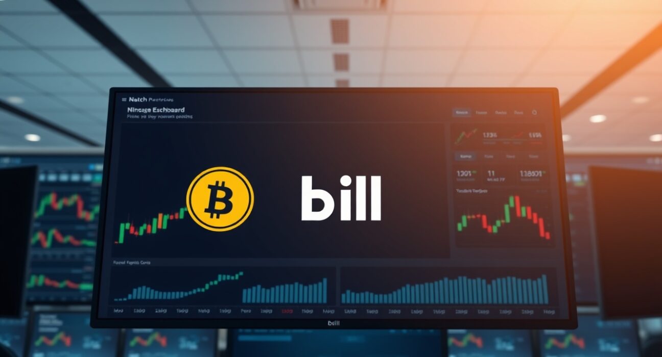 BILL token listing announcement on Coinbase exchange dashboard with trading charts in background