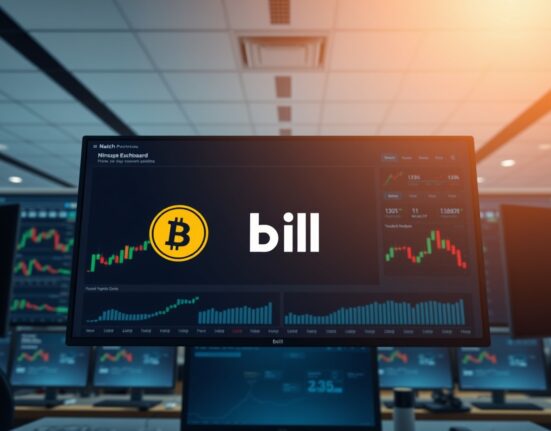 BILL token listing announcement on Coinbase exchange dashboard with trading charts in background