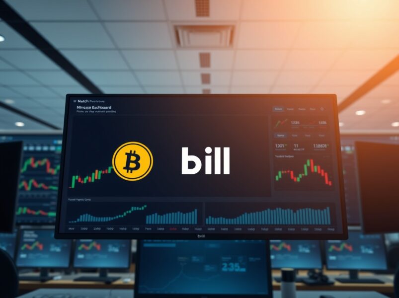 BILL token listing announcement on Coinbase exchange dashboard with trading charts in background