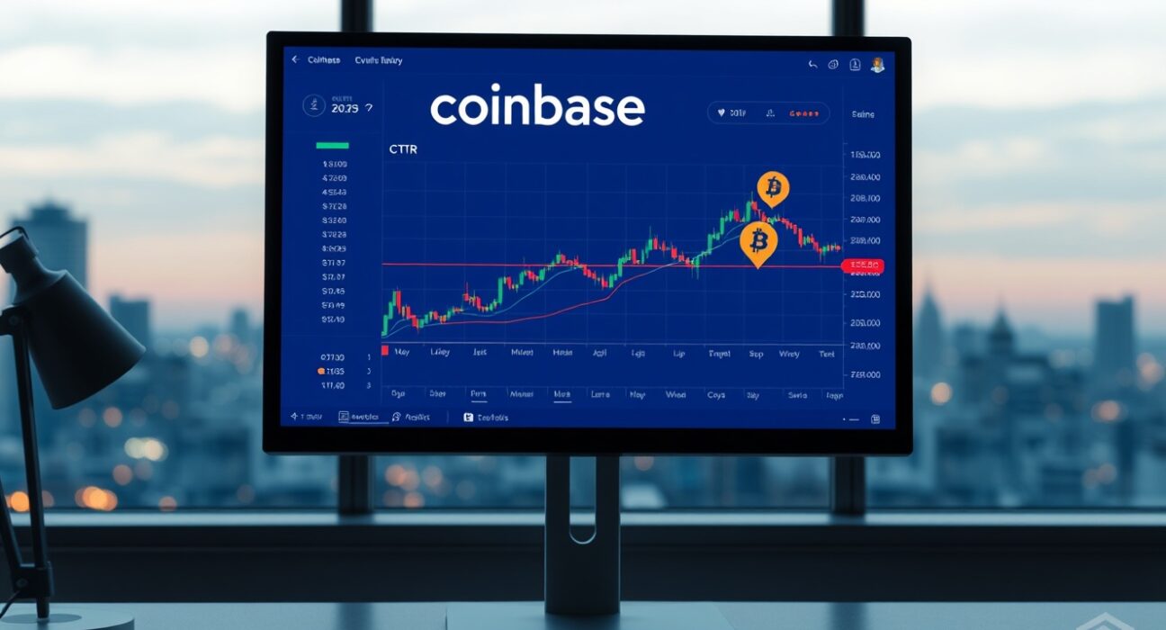 Coinbase trading interface displaying Citrea (CTR) token on a monitor in a professional office setting