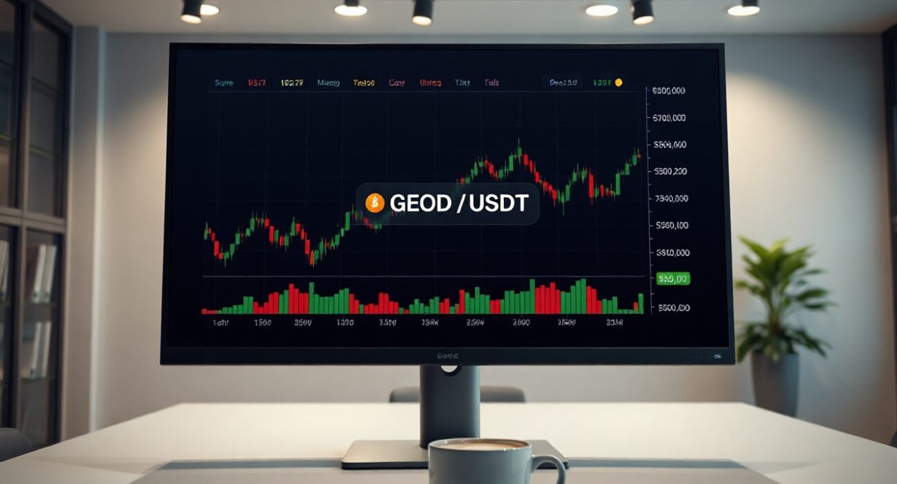 Coinbase trading interface showing GEOD/USDT pair with buy order confirmation
