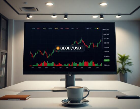 Coinbase trading interface showing GEOD/USDT pair with buy order confirmation