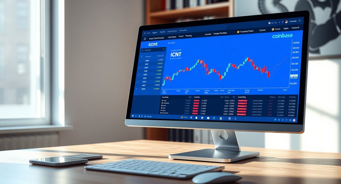 Coinbase exchange interface showing ICNT cryptocurrency trading with real-time market data