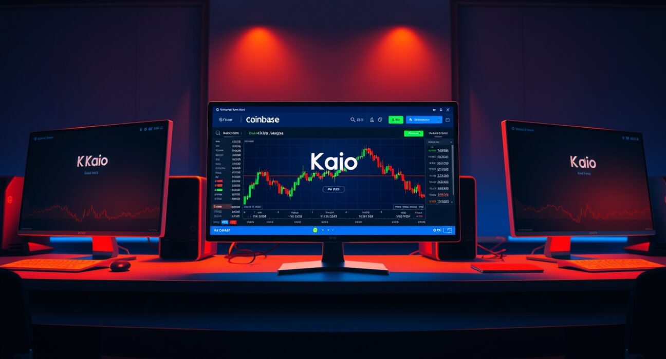 Coinbase trading interface showing Kaio (KAIO) token listing on multiple monitors