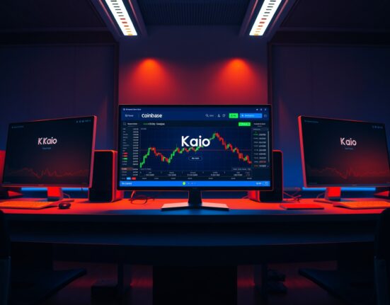 Coinbase trading interface showing Kaio (KAIO) token listing on multiple monitors