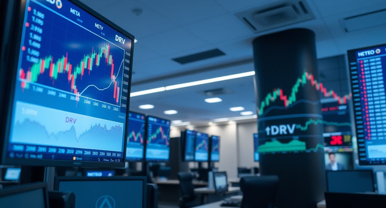 Coinbase exchange trading floor with screens showing META and DRV token charts