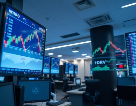 Coinbase exchange trading floor with screens showing META and DRV token charts