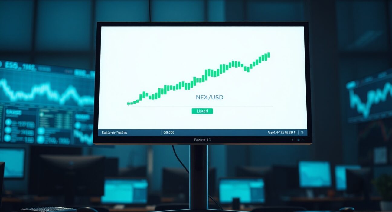 Coinbase exchange interface showing NEX/USD trading pair listed on a monitor in a professional trading environment.