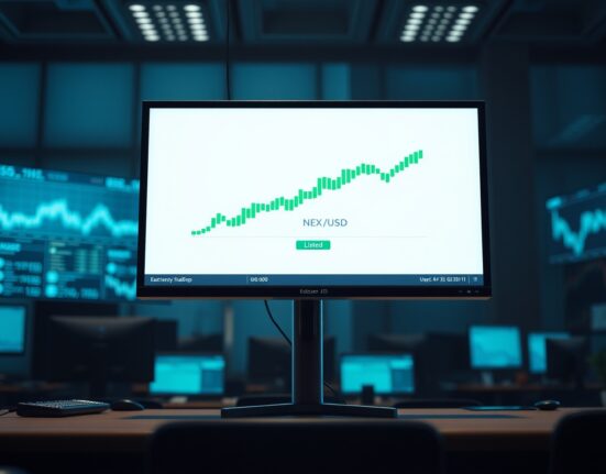 Coinbase exchange interface showing NEX/USD trading pair listed on a monitor in a professional trading environment.