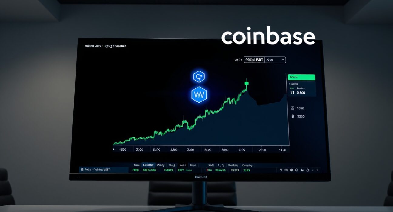Coinbase exchange interface displaying PROS spot trading pair with price chart and order book