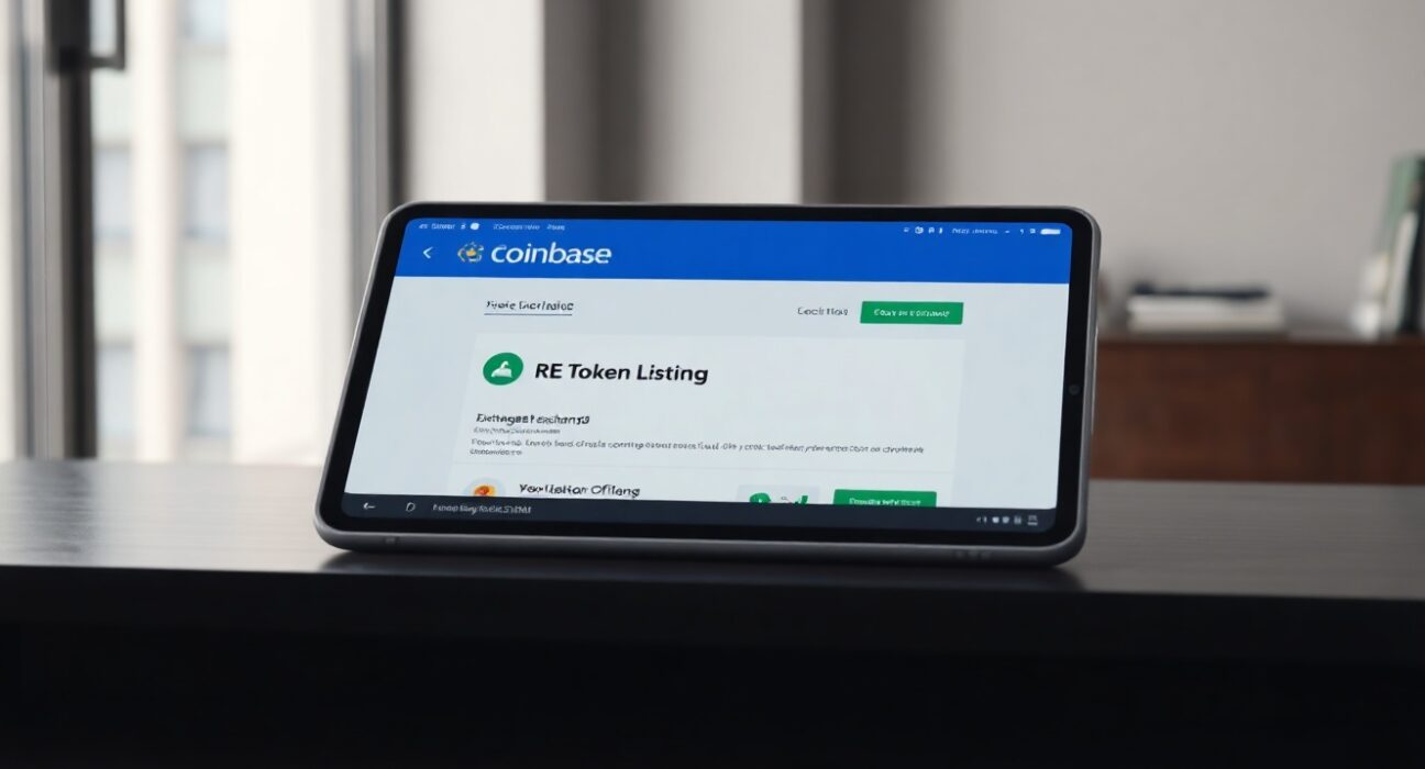 Digital tablet showing Coinbase exchange interface with RE token listing announcement on a modern desk