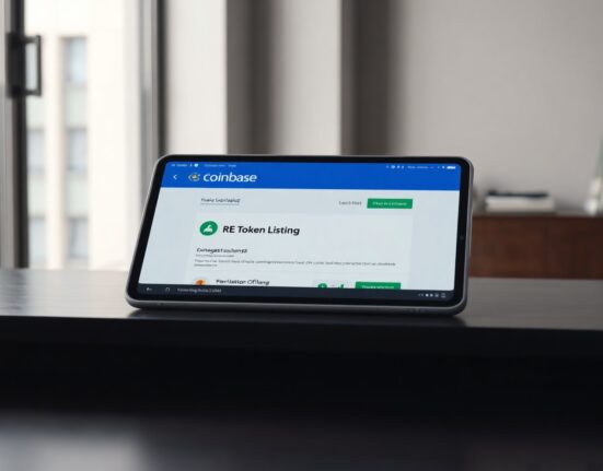 Digital tablet showing Coinbase exchange interface with RE token listing announcement on a modern desk
