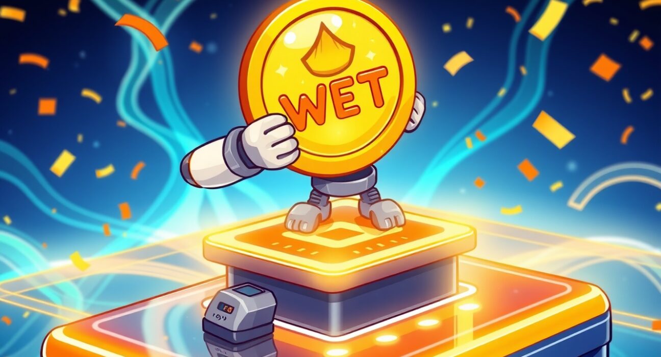 Cartoon illustration of Coinbase listing the WET token on its digital exchange platform.
