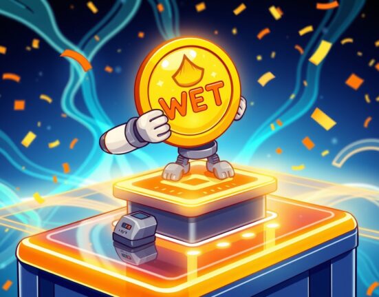 Cartoon illustration of Coinbase listing the WET token on its digital exchange platform.