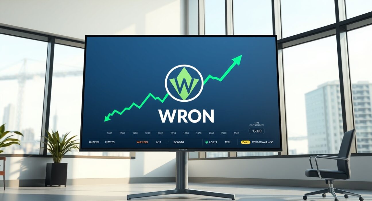 Coinbase exchange interface displaying WRON token price chart and listing announcement.