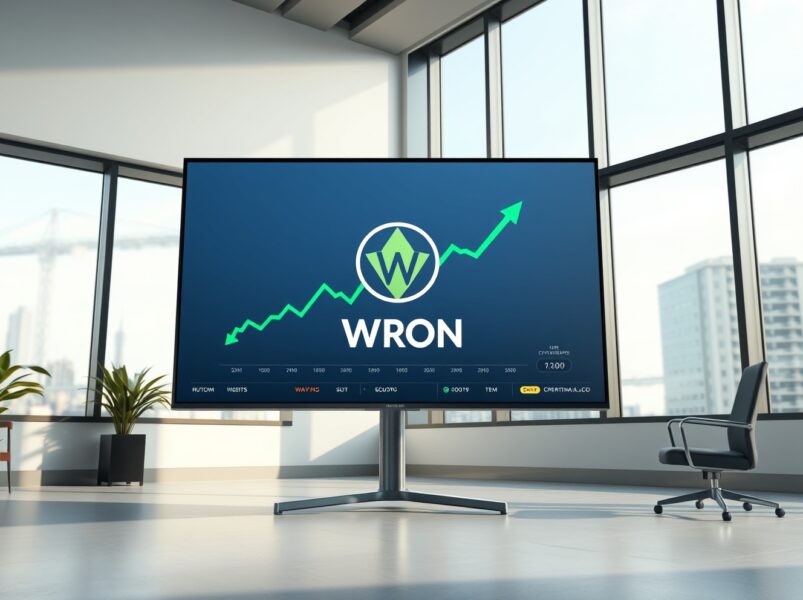 Coinbase exchange interface displaying WRON token price chart and listing announcement.