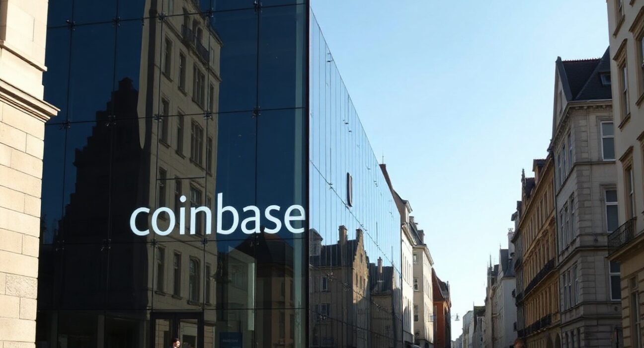 Exterior of Coinbase office building in Luxembourg City on a sunny day.