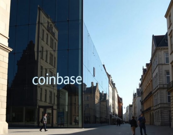 Exterior of Coinbase office building in Luxembourg City on a sunny day.