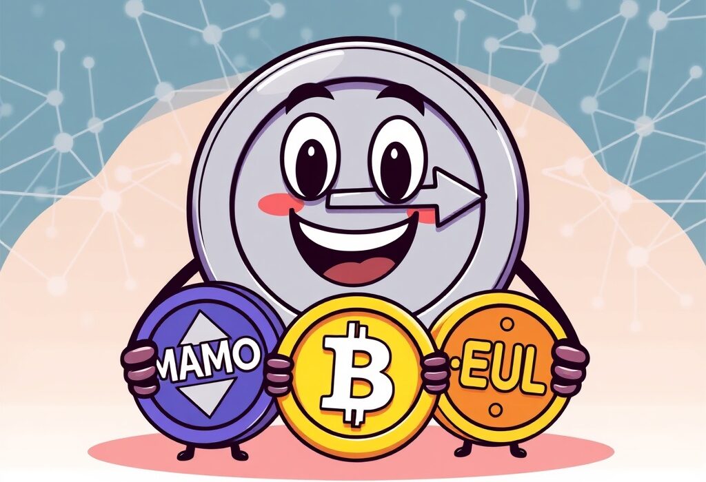 Cartoon illustration showing Coinbase MAMO EUL support, symbolizing new cryptocurrency listings on a major exchange.