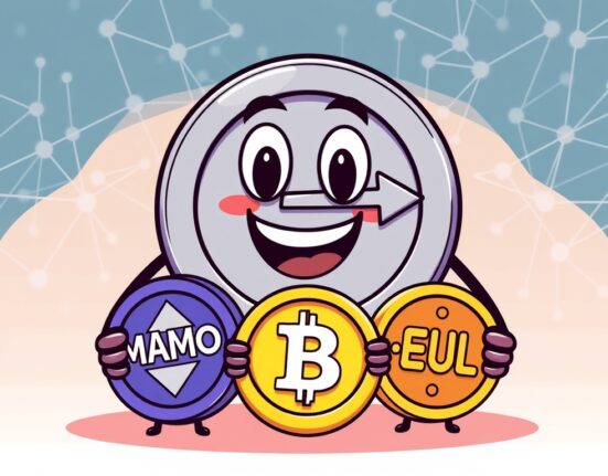 Cartoon illustration showing Coinbase MAMO EUL support, symbolizing new cryptocurrency listings on a major exchange.