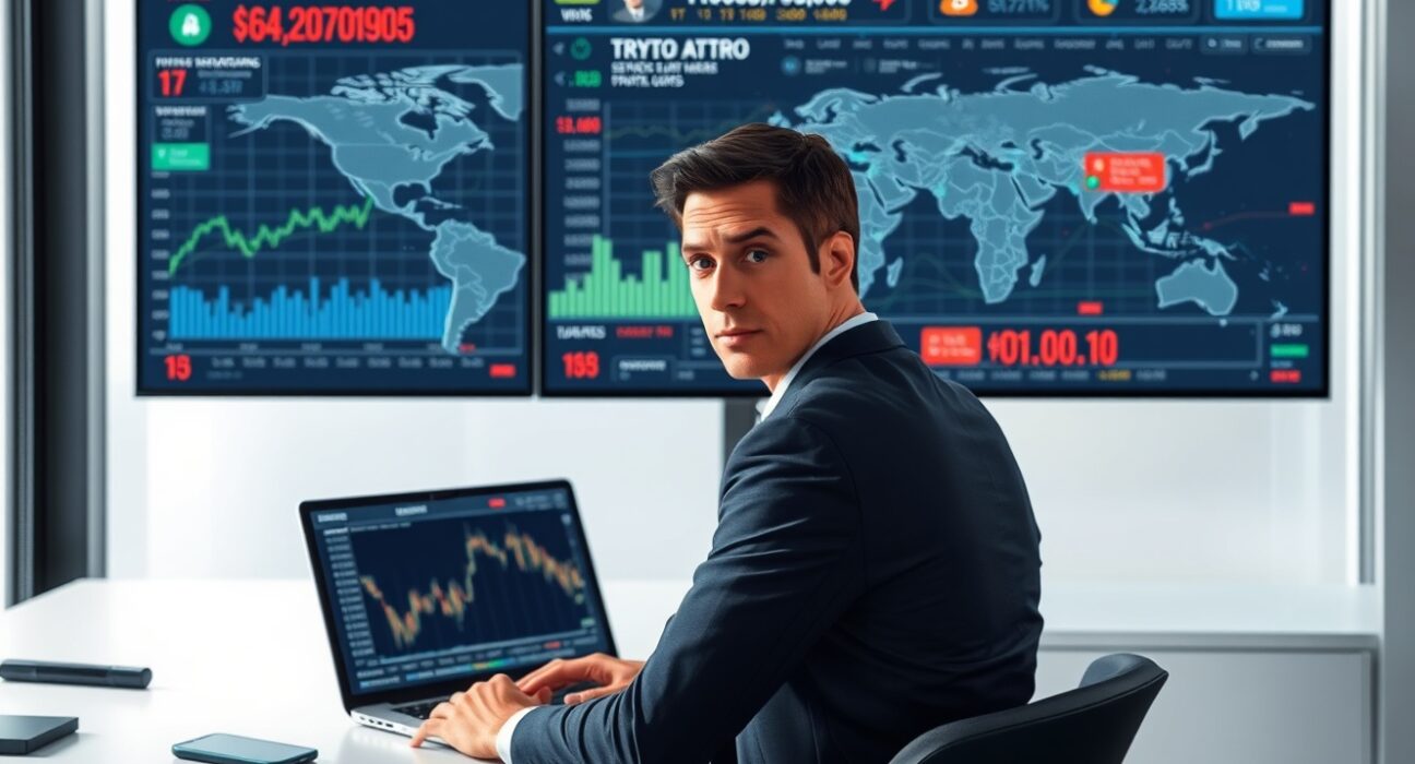 Financial analyst monitoring cryptocurrency market data amid global uncertainty for Coinbase institutional report