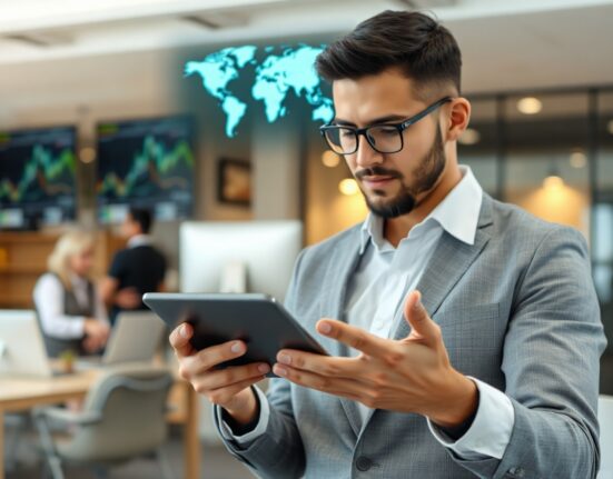Business executive processing a USDC stablecoin payment on a tablet in a modern office