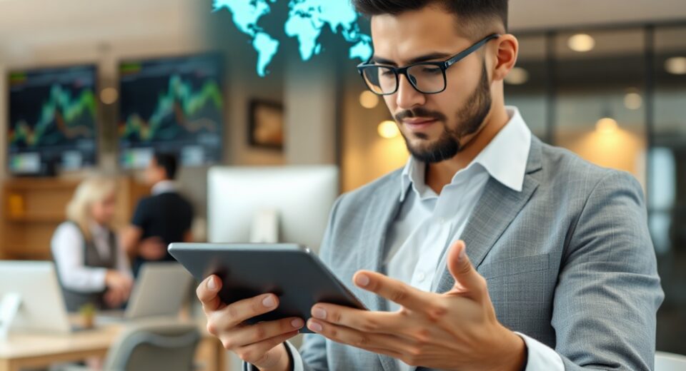 Business executive processing a USDC stablecoin payment on a tablet in a modern office