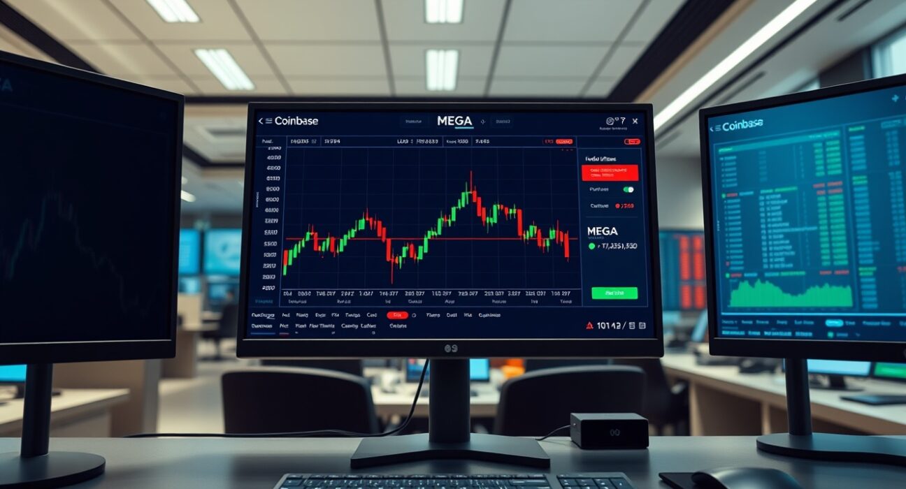 MEGA perpetual futures trading interface on a Coinbase platform monitor in a professional trading environment.