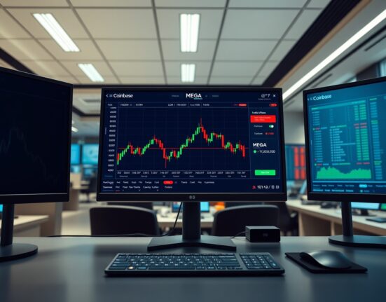 MEGA perpetual futures trading interface on a Coinbase platform monitor in a professional trading environment.