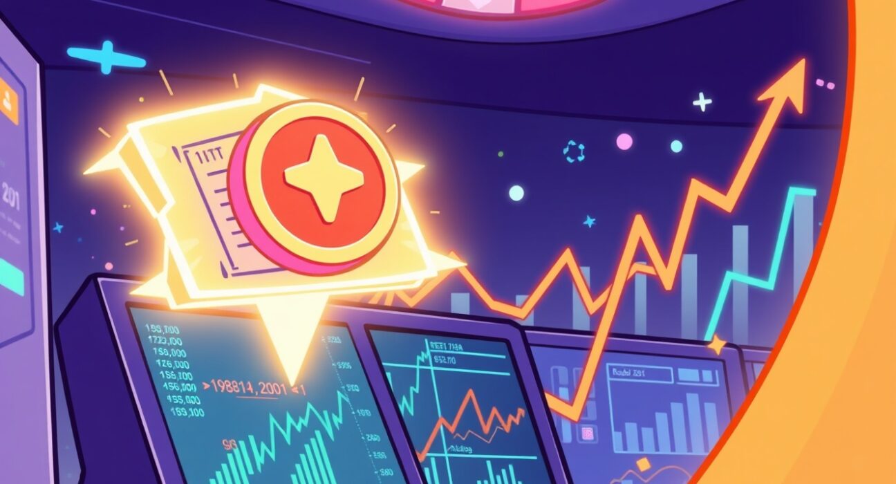 Cartoon illustration of Coinbase listing MERL perpetual futures on a vibrant trading dashboard