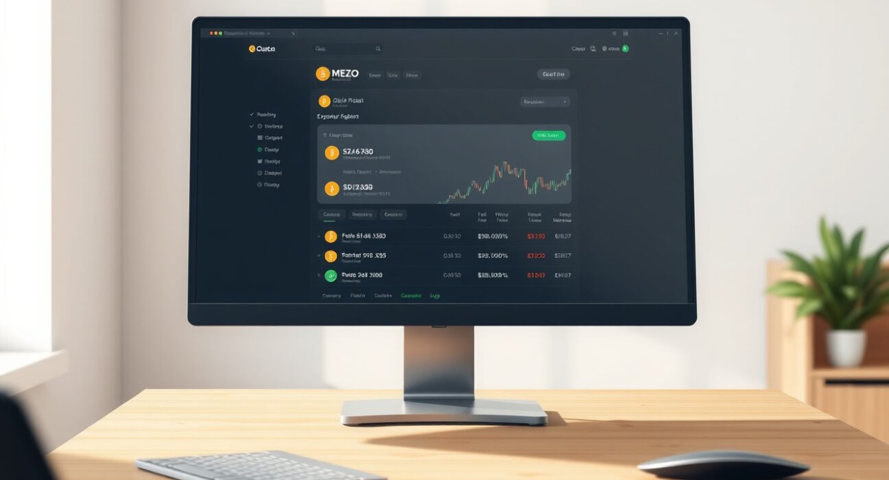 Coinbase exchange interface showing MEZO cryptocurrency listing on professional office monitor