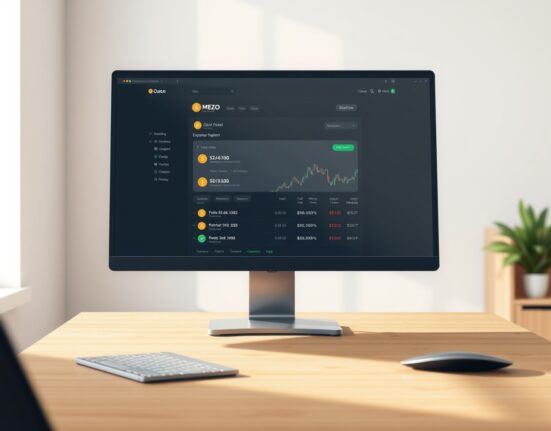 Coinbase exchange interface showing MEZO cryptocurrency listing on professional office monitor