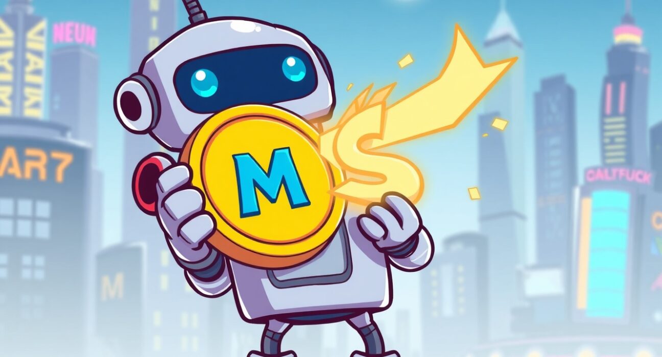 A cartoon robot facilitating the crucial MKR to SKY token migration on a digital platform.