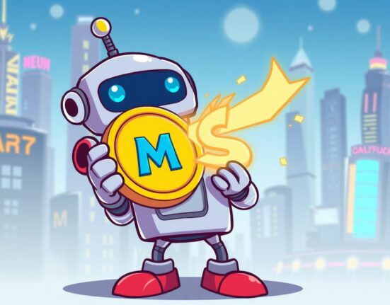 A cartoon robot facilitating the crucial MKR to SKY token migration on a digital platform.