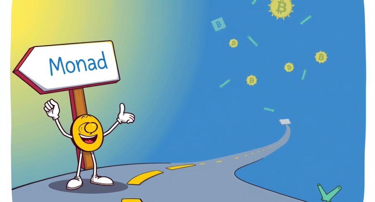 Cartoon Coinbase character points to Monad on a digital roadmap, highlighting its addition to the Monad listing roadmap.