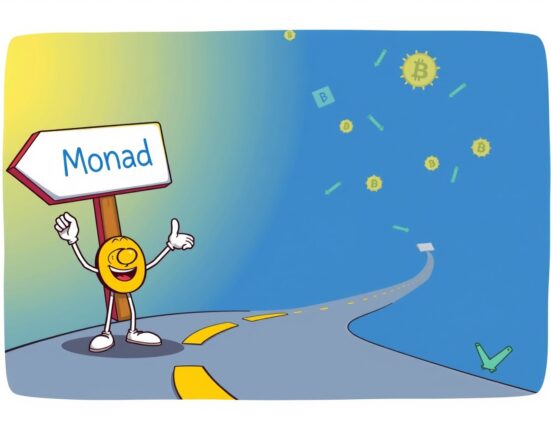 Cartoon Coinbase character points to Monad on a digital roadmap, highlighting its addition to the Monad listing roadmap.