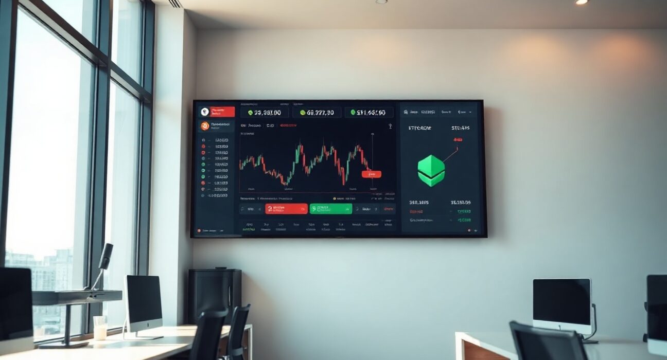 Coinbase office with a large digital screen showing multi-asset trading interface including crypto, stocks, and ETFs.