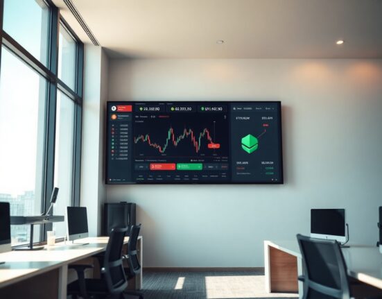 Coinbase office with a large digital screen showing multi-asset trading interface including crypto, stocks, and ETFs.