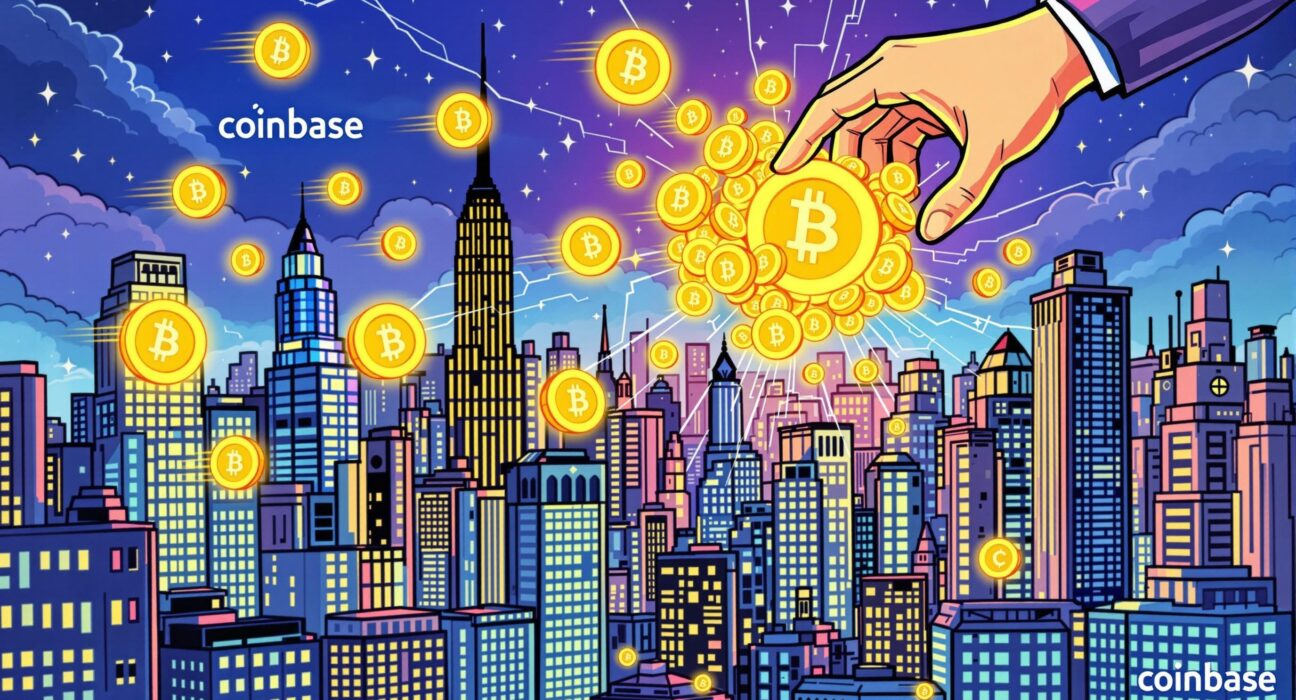 A cartoon illustration symbolizing expanded access to digital assets for Coinbase New York Crypto users.