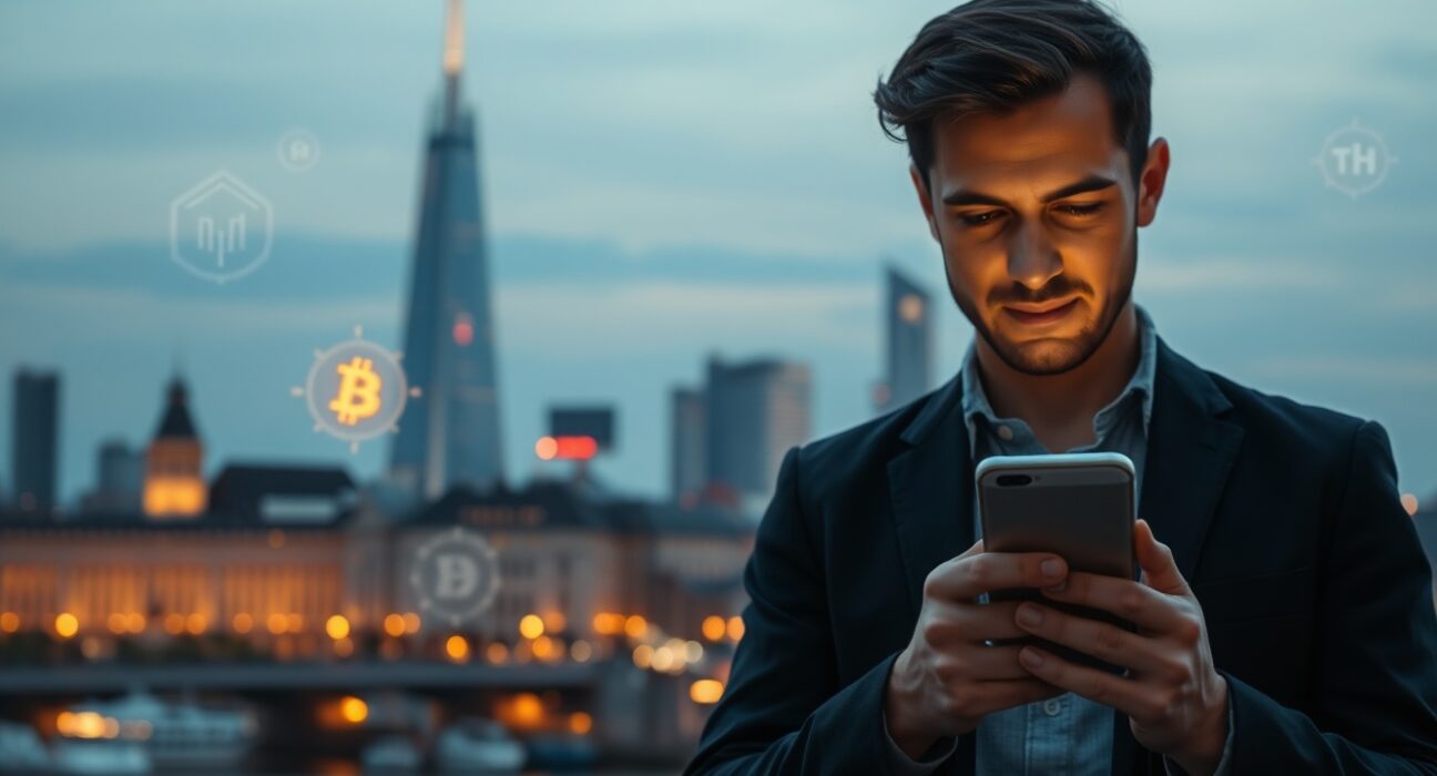 European city skyline with person using smartphone showing crypto exchange interface