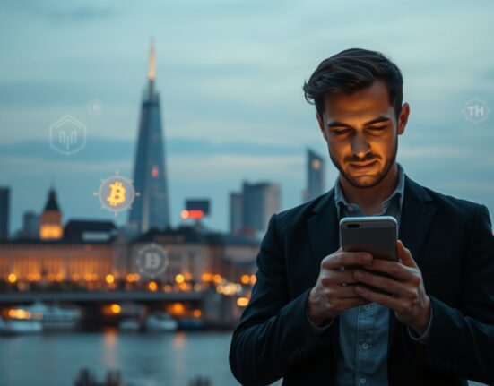 European city skyline with person using smartphone showing crypto exchange interface