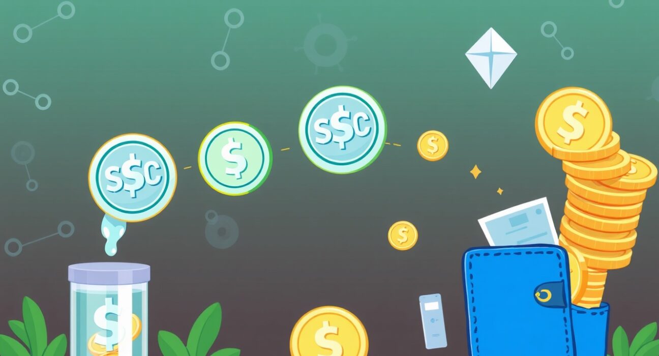 Cartoon illustration depicting secure digital assets growing through Coinbase on-chain lending, symbolizing high yield and financial opportunity.