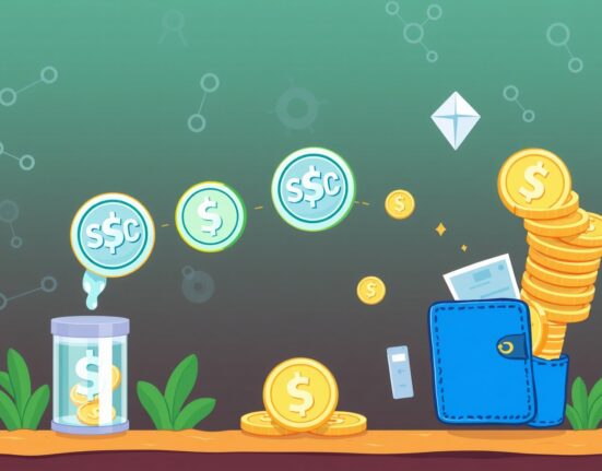 Cartoon illustration depicting secure digital assets growing through Coinbase on-chain lending, symbolizing high yield and financial opportunity.