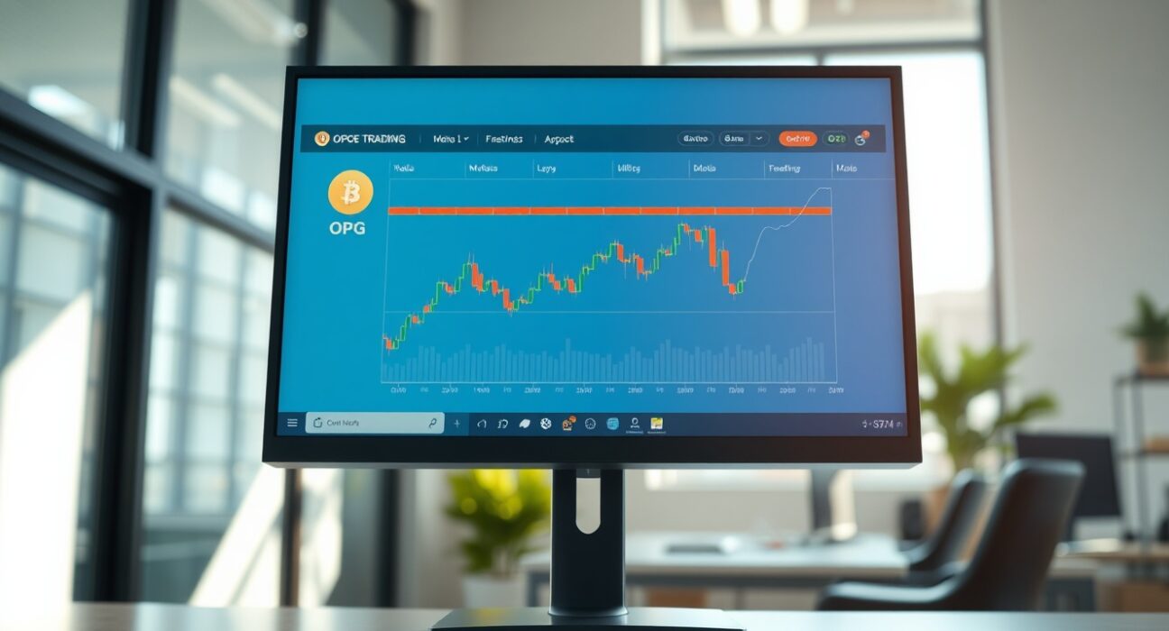 Coinbase exchange interface showing OPG cryptocurrency trading pair on professional trading desk