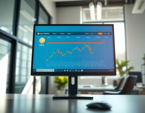 Coinbase exchange interface showing OPG cryptocurrency trading pair on professional trading desk