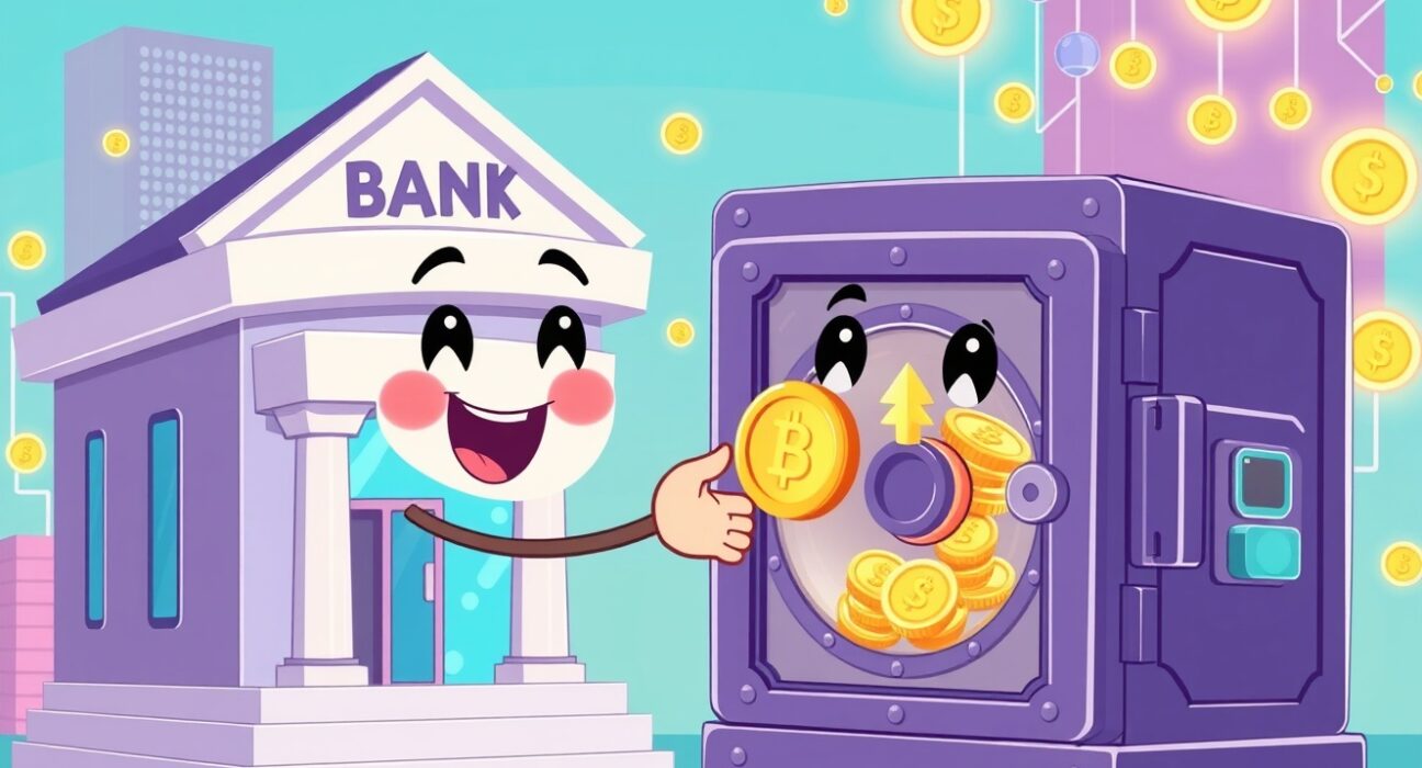 Coinbase partners with major US banks in a vibrant cartoon showing collaboration between finance and crypto technology.