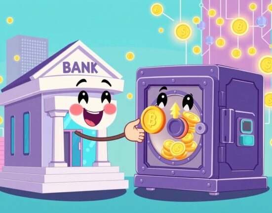 Coinbase partners with major US banks in a vibrant cartoon showing collaboration between finance and crypto technology.