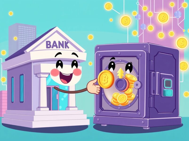 Coinbase partners with major US banks in a vibrant cartoon showing collaboration between finance and crypto technology.