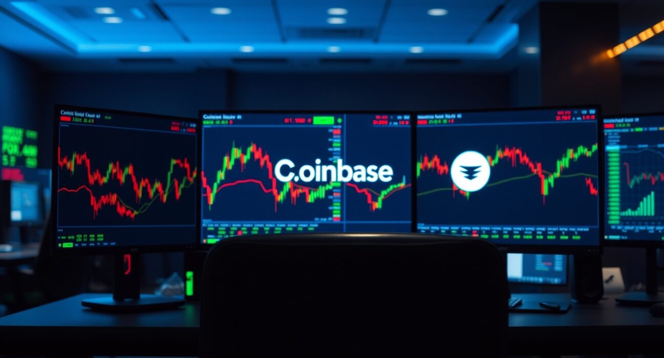 Trading desk with monitors showing cryptocurrency and stock charts, representing Coinbase's new perpetual futures for AI stocks.